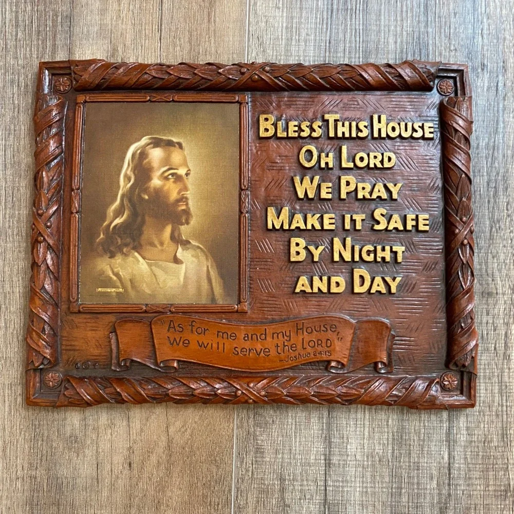 Vintage Warner Press Art-Wood Jesus Christ Bless This House Plaque N4901 USA